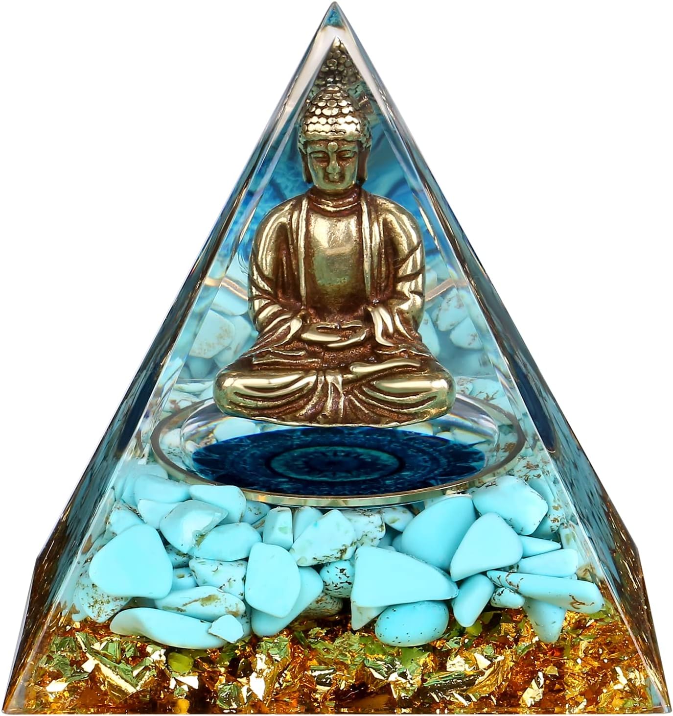 Little Buddha Statue in Healing Crystal Organite Pyramid - Turquoise with Baby Buddha Figurine, Reiki Chakra Meditation Desktop Indoor Buddha Decor