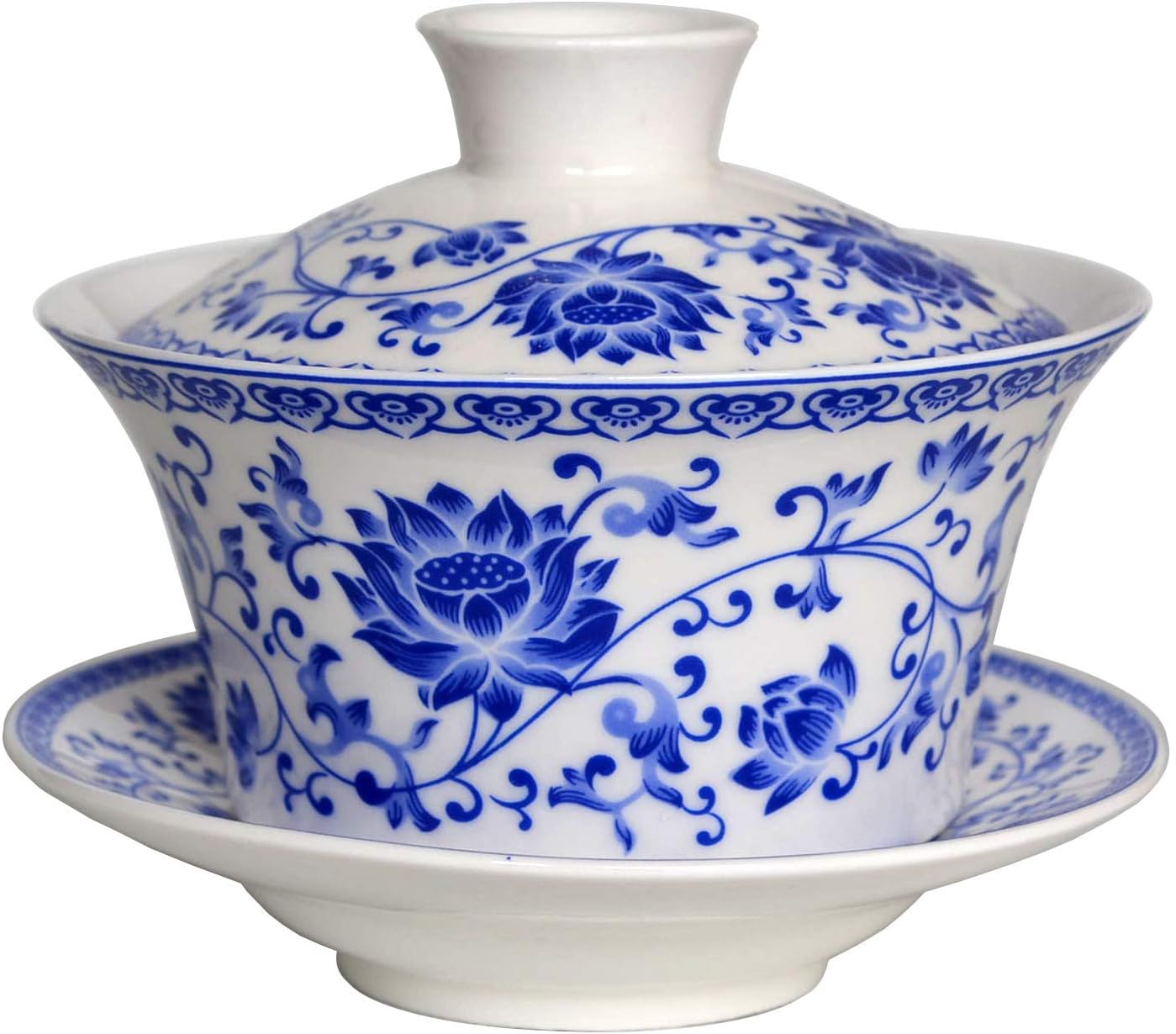 honeylive Gaiwan Chinese 150ml-200ml Sancai tureen Tray Cup Blue White Porcelain Saucer Lid (simple A 5oz)