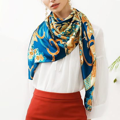RAN Winter Warm Scarfs 41.7 Inches Satin Head Scarf Square Silk Scarf Flowers Printed Large Neckerchief, Head Shawl, Gift for Lady