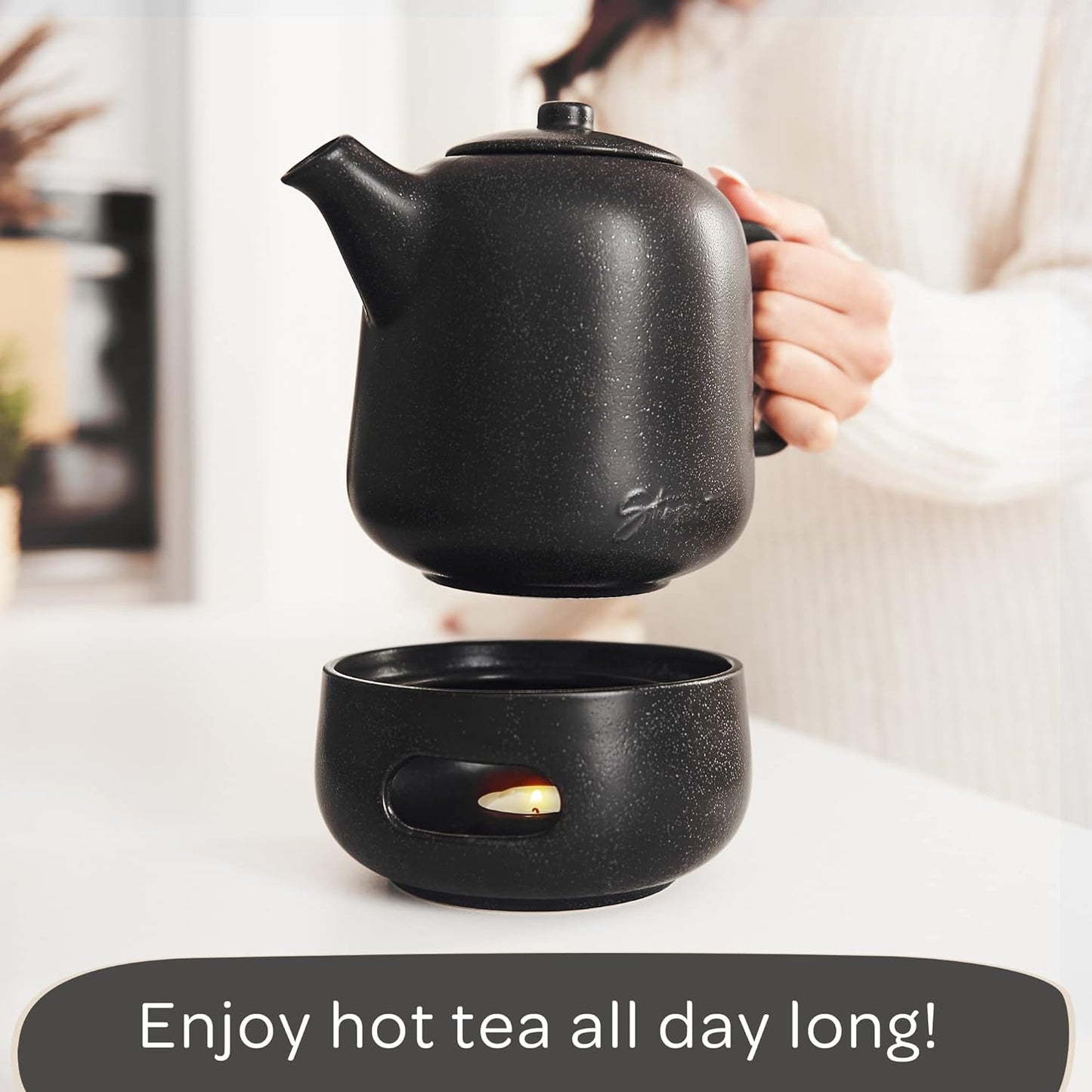 Steinzeit Design Tea Pot with Warmer (44 oz) - Premium Ceramic Teapot with Infuser for Loose Tea - Black Teapot Ceramic with Removable Strainer