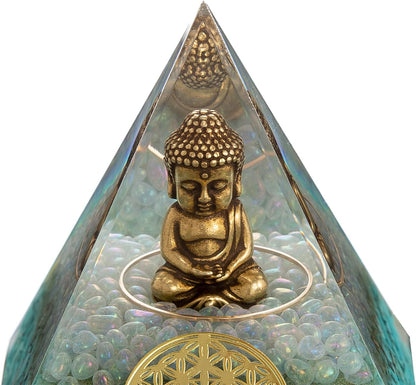 Little Buddha Statue in Healing Crystal Organite Pyramid - Turquoise with Baby Buddha Figurine, Reiki Chakra Meditation Buddha Decor