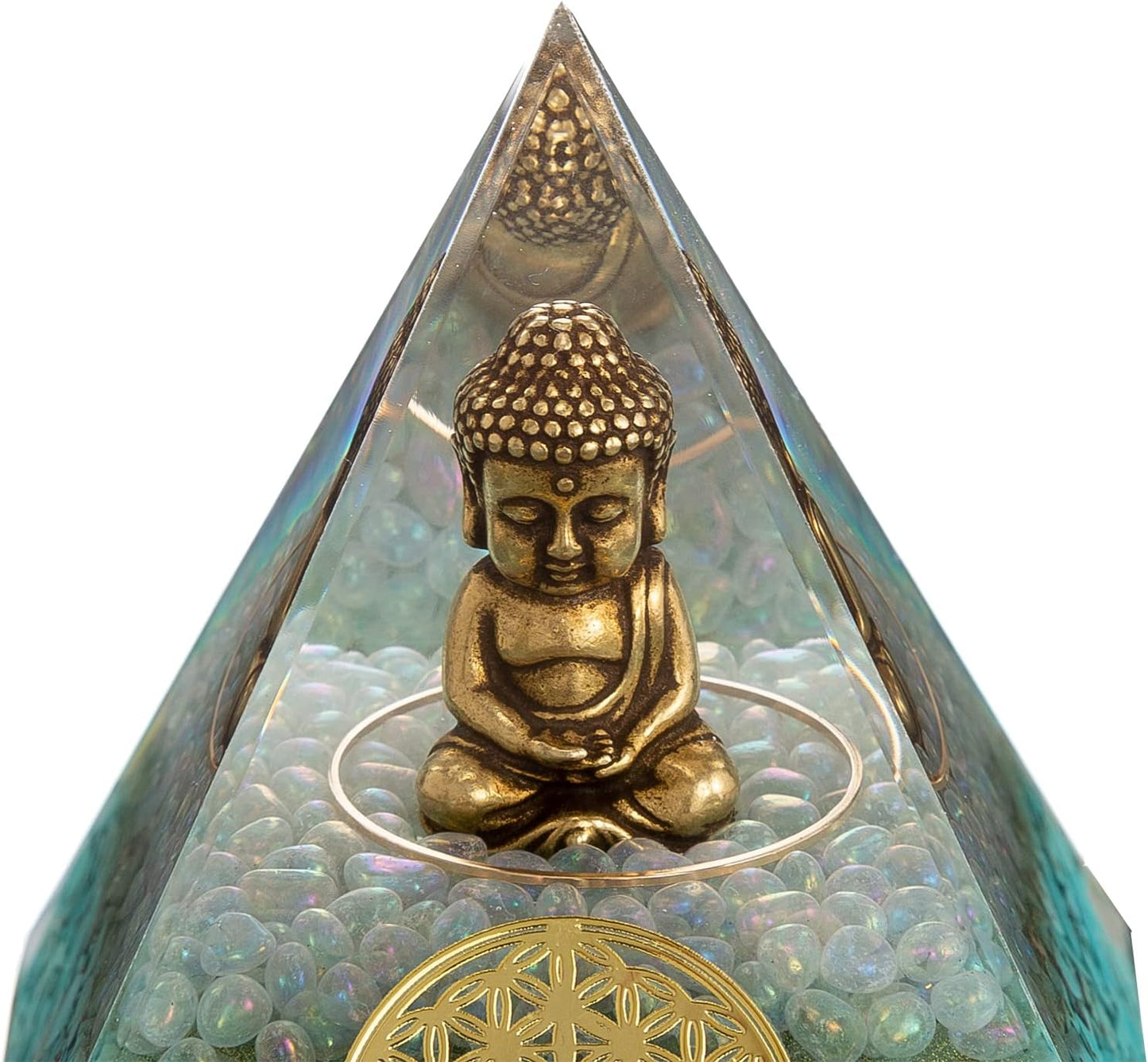 Little Buddha Statue in Healing Crystal Organite Pyramid - Turquoise with Baby Buddha Figurine, Reiki Chakra Meditation Buddha Decor