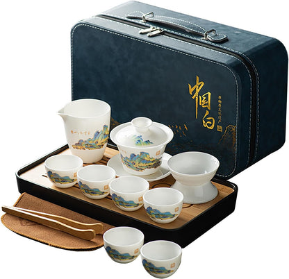 ICHAG Asian tea set |Kungfu tea sets |Ceramic Portable tea set|tea sets for adult |13-piece with grey leather case |Tea set gift for Home,Outdoor,Business