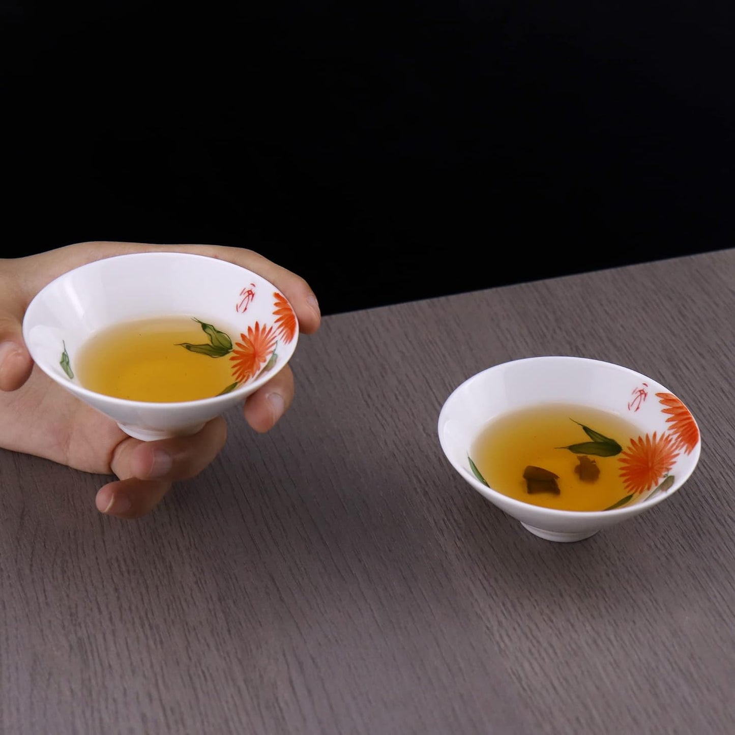 SILINE Jingdezhen White Porcelain Teacup Set,3 PCS Wide-brimmed Small Cups,Hand-painted Chinese Gongfu Tea Cups (Chrysanthemum)