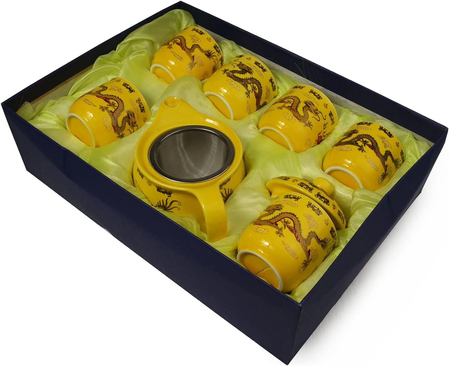 Teapot Teacup Chinese Gongfu Tea Set Yellow Dragon Porcelain Stainless Steel Filtration Ceramic Gift Box