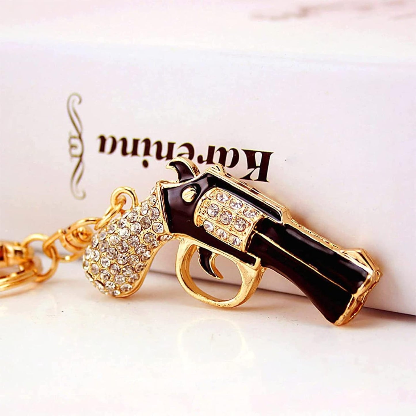 Gun Shaped Keychain Mini Gun Metal Key Ring, Rhinestone Weapons Model Key Fod, Charm for Bag, Backpack (Color : Black, Size : 1.9 x 1.0 x 4.6 in)