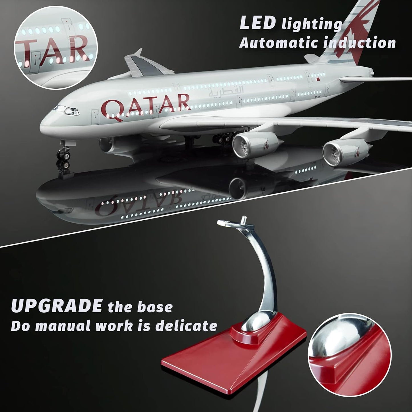 Lose Fun Park 1:160 Scale Large Model Airplane Qatar A380 Plane Models Diecast Airplanes with LED Light for Collection or Gift