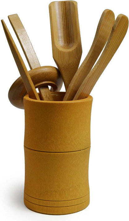 Chadao Bamboo GongFu Tea Tools Tube Spoon, tongs, detong, tea needle funnel (Square canister)