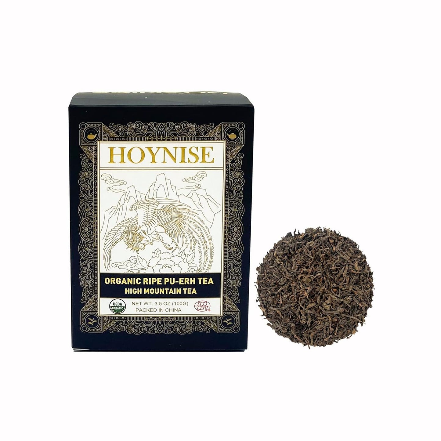 HOYNISE Organic Ripe Pu'erh Tea I Loose Leaf I USDA Organic I 3.5 Ounce (100g) I High Mountain Grown I Unique Aroma I Packed & Shipped Direct From Source in China