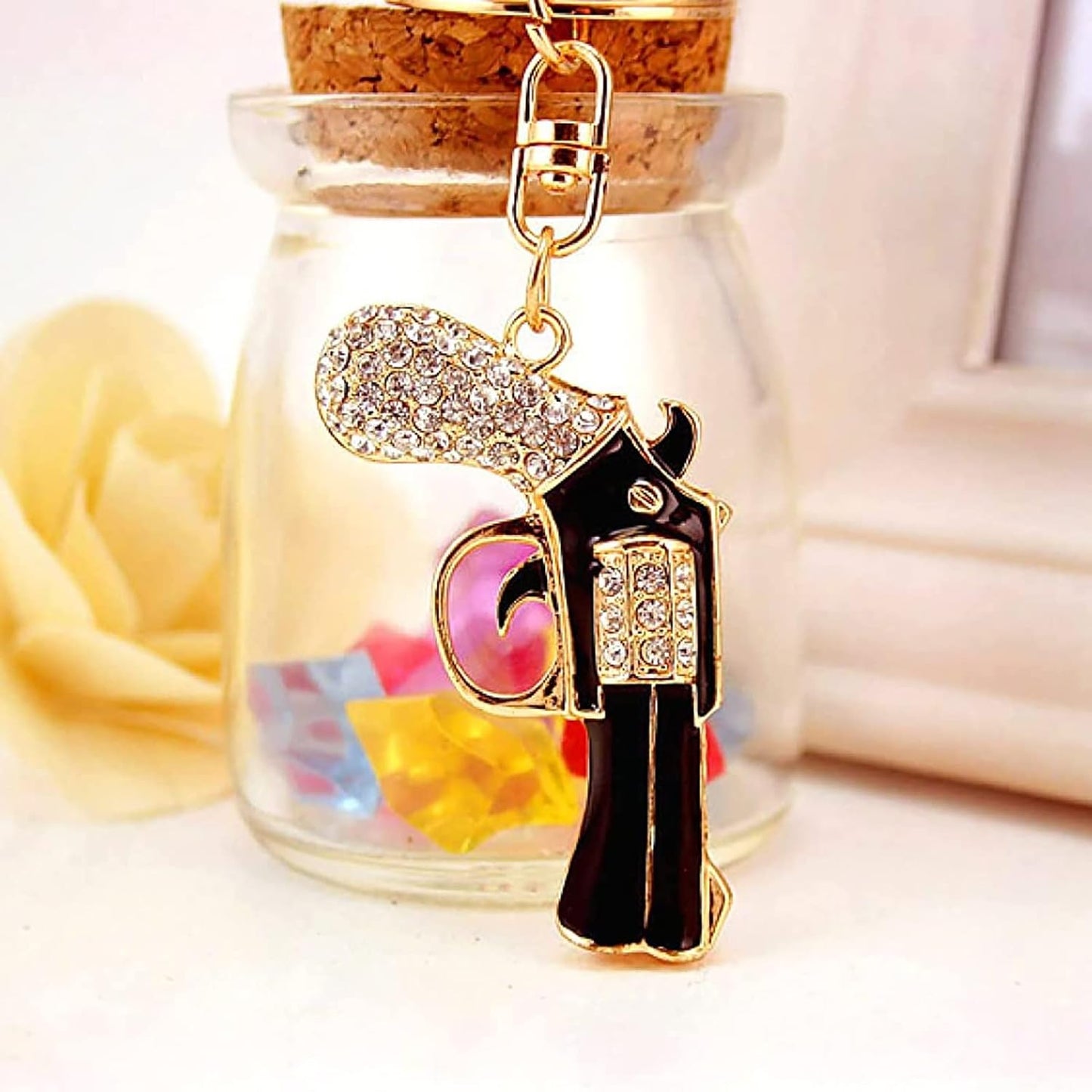 Gun Shaped Keychain Mini Gun Metal Key Ring, Rhinestone Weapons Model Key Fod, Charm for Bag, Backpack (Color : Black, Size : 1.9 x 1.0 x 4.6 in)