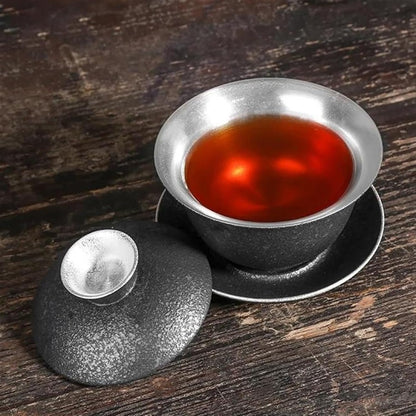 Afternoon Tea Set Ceramic Silver Covered Bowl 999 Pure Silver Covered Bowl Rough Pottery Kung Fu Tea Set Hand Gilded Silver Sancai Tea Bowl Tea Cu Tea Set For Adults