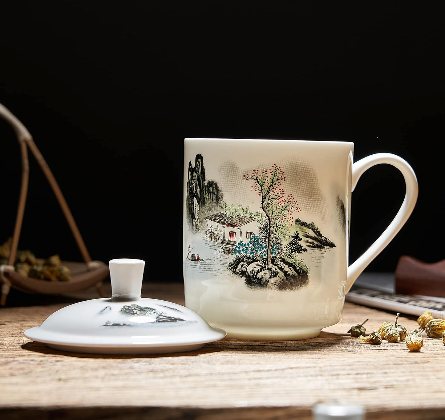 SILINE Fine Bone China Tea Cup with Lid 13.5 Oz, Jingdezhen Blue and White Porcelain Mug