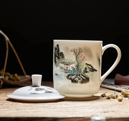 SILINE Fine Bone China Tea Cup with Lid 13.5 Oz, Jingdezhen Blue and White Porcelain Mug