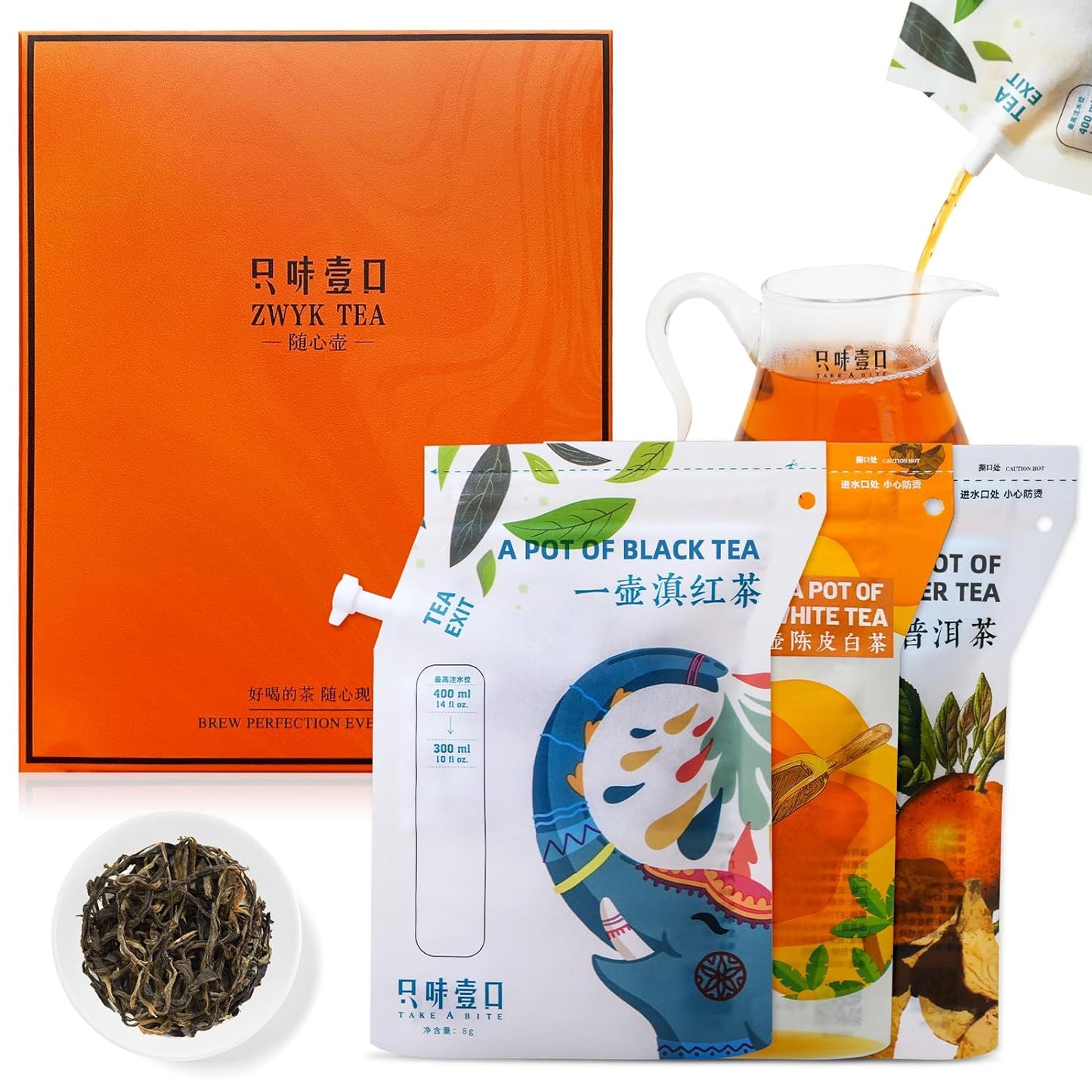 ZWYK TEA Authentic Top Chinese Tea (6 Count, Produced in YUNNAN), Portable Black Tea & Chenpi White Tea & Pu erh Tea Pot Design -  A Unique Approach to Enjoying Tea, Perfect for Camping/Travel/Hiking/Party