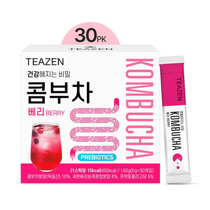TEAZEN Pineapple Kombucha Tea, Live Probiotics & Postbiotics, Sugar Free, Low Caffeine, Sparkling Fermented Kombucha Powder from Korea, 30 Sticks, 5.29oz