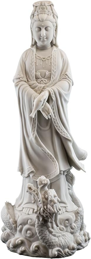 Top Collection Large 20" Quan Yin Standing on Dragon Statue. Premium Resin - White Marble Finish. Asian Goddess of Compassion and Mercy. Buddhist Deity Protector of Women. Collectible Decor Sculpture.