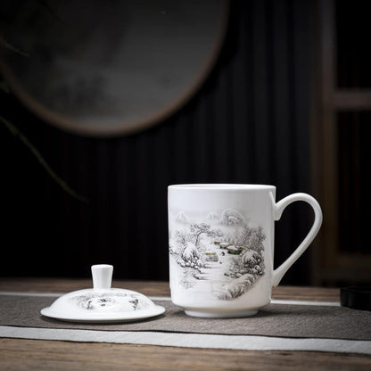 SILINE Fine Bone China Tea Cup with Lid 13.5 Oz, Jingdezhen Blue and White Porcelain Mug