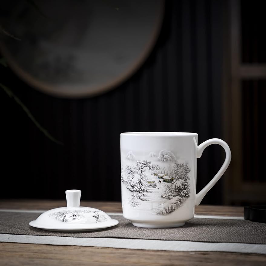 SILINE Fine Bone China Tea Cup with Lid 13.5 Oz, Jingdezhen Blue and White Porcelain Mug