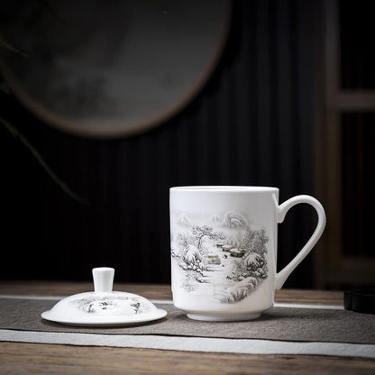 SILINE Fine Bone China Tea Cup with Lid 13.5 Oz, Jingdezhen Blue and White Porcelain Mug