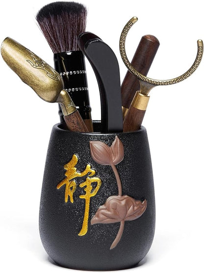 DOPUDO Tea Art Six Gentlemen with Black Pottery Storage Caddy, Chinese Gongfu Tea Ceremony Tools to Make Tea, Chinese New Year Gift to Tea Lovers