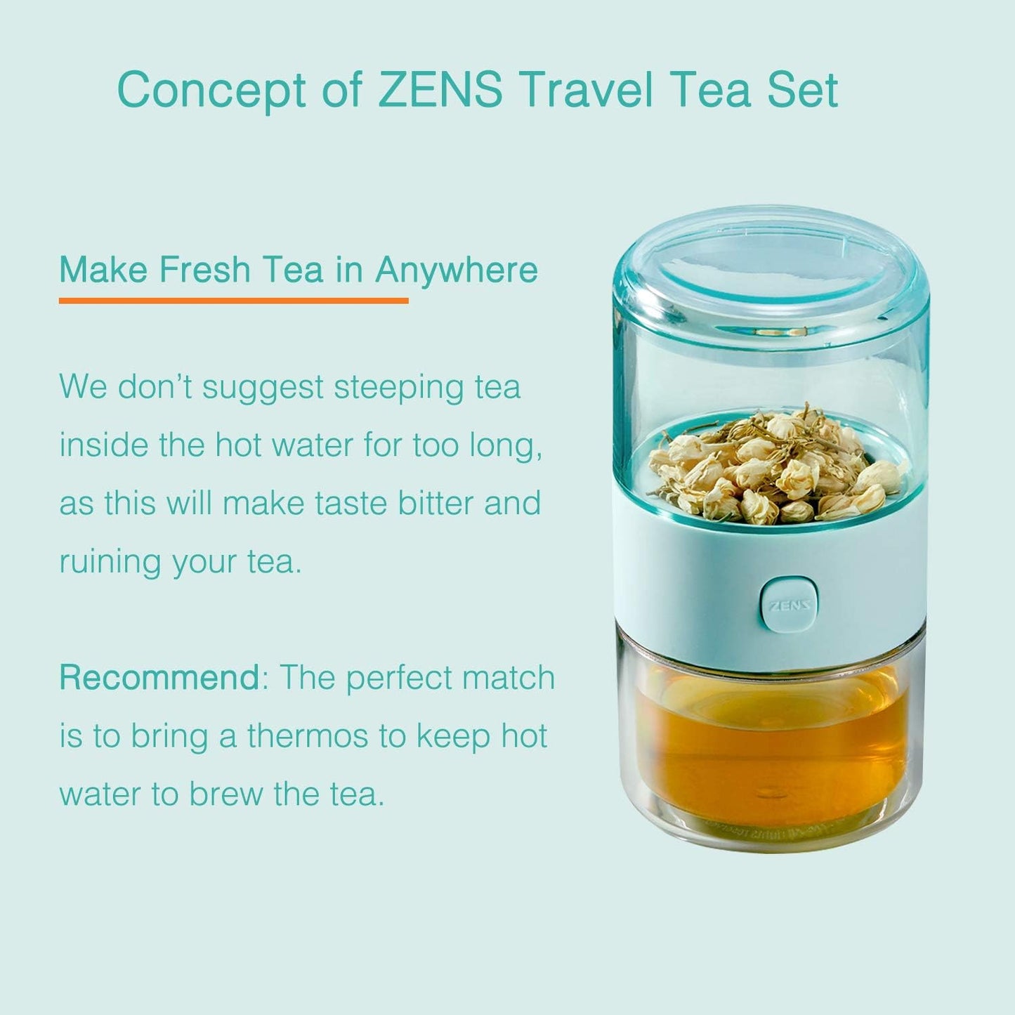 ZENS Travel Tea Set,Tritan Portable Teapot Infuser Set for One with 200ml Double Walled Teacup for Loose Tea,To Go Light Green Travel Case for Office or Homeworking Daily Tea