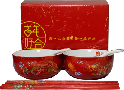 Bowl Spoon Gifts Set Chinese Wedding Party Porcelain Tableware Set (Paper-cut style 囍)