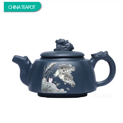 270ml Yixing Master Purple Clay Teapots Handmade Fish Pattern Tea Pot Raw Ore Azure Mud Kettle Chinese Zisha Tea Set Customized