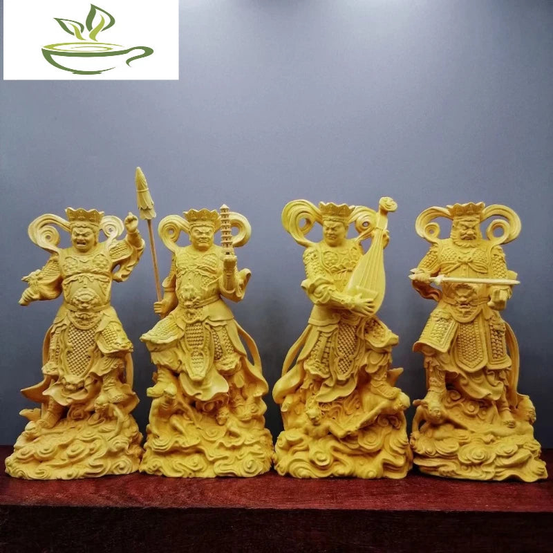 4pcs/set Boxwood Collection Chinese Brass Carvings of the Four Heavenly Kings Buddha Statues Solid Wood Carvings