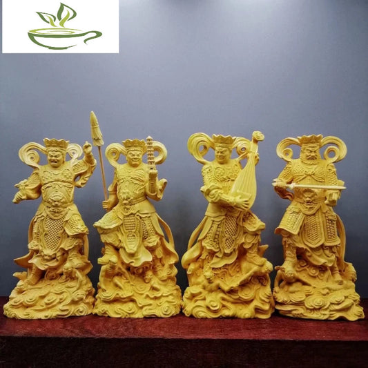 4pcs/set Boxwood Collection Chinese Brass Carvings of the Four Heavenly Kings Buddha Statues Solid Wood Carvings