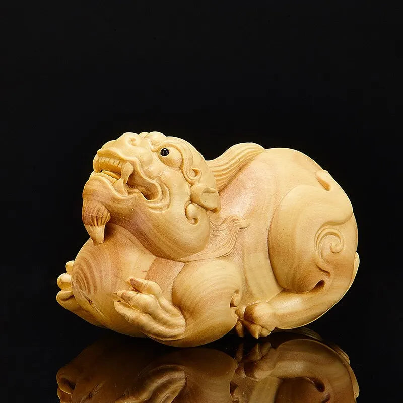 7CM Mythical Boxwood Pixiu Lion Solid Wood Statue Myth Wood Animal Statue Lion Statue Arts Lucky Statue Home Decoration