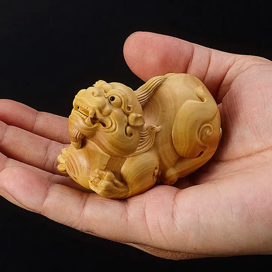 7CM Mythical Boxwood Pixiu Lion Solid Wood Statue Myth Wood Animal Statue Lion Statue Arts Lucky Statue Home Decoration