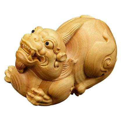 7CM Mythical Boxwood Pixiu Lion Solid Wood Statue Myth Wood Animal Statue Lion Statue Arts Lucky Statue Home Decoration