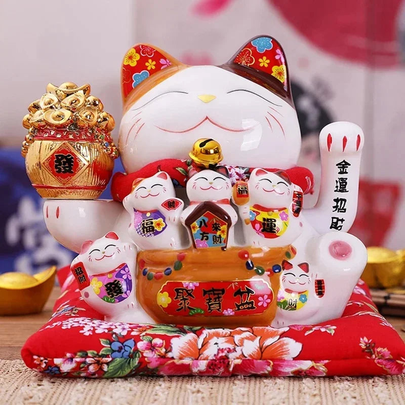 7Inch Ceramic Beckoning Cat Maneki Neko Ornament Feng Shui Decoration Swing Lucky Cat
