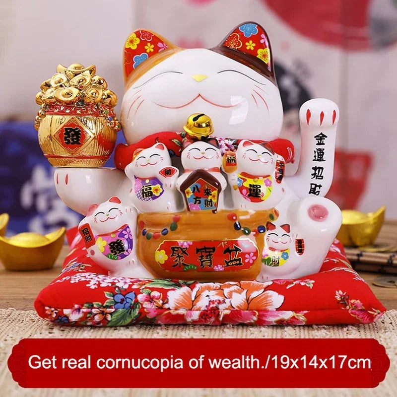 7Inch Ceramic Beckoning Cat Maneki Neko Ornament Feng Shui Decoration Swing Lucky Cat