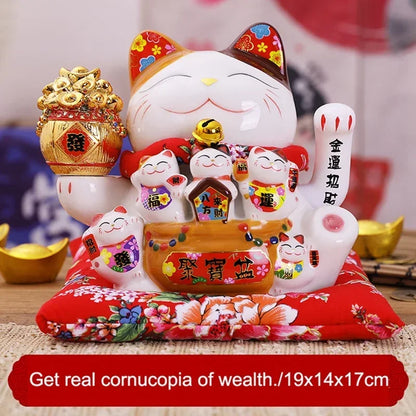 7Inch Ceramic Beckoning Cat Maneki Neko Ornament Feng Shui Decoration Swing Lucky Cat