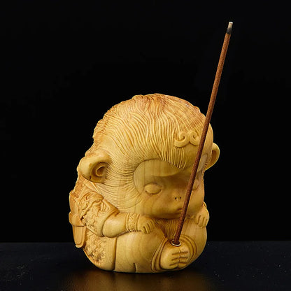 7cm Little Monkey King Boxwood Sculpture Wood Feng Shui Living Room Lucky Incense Plug Sun Wukong Zen Buddha Statue Home Decor