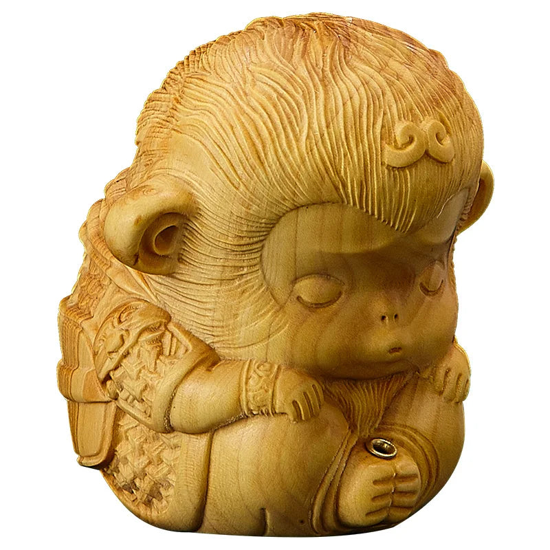 7cm Little Monkey King Boxwood Sculpture Wood Feng Shui Living Room Lucky Incense Plug Sun Wukong Zen Buddha Statue Home Decor