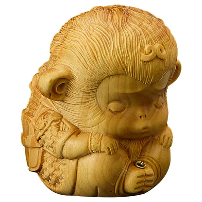 7cm Little Monkey King Boxwood Sculpture Wood Feng Shui Living Room Lucky Incense Plug Sun Wukong Zen Buddha Statue Home Decor
