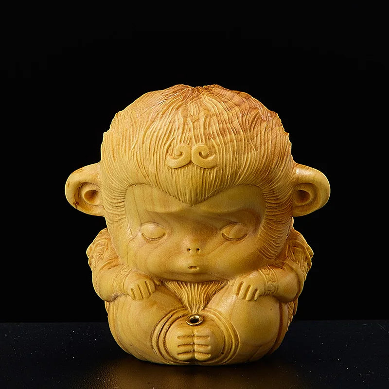 7cm Little Monkey King Boxwood Sculpture Wood Feng Shui Living Room Lucky Incense Plug Sun Wukong Zen Buddha Statue Home Decor