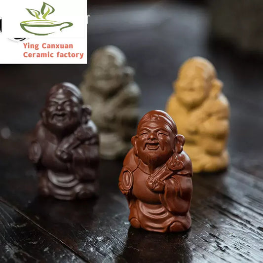 Yixing Sculpture Purple Clay Tea Pet Ingots God of Wealth Statue Handmade Tea Figurine Ornaments Chinese Tea Set Decoration Art