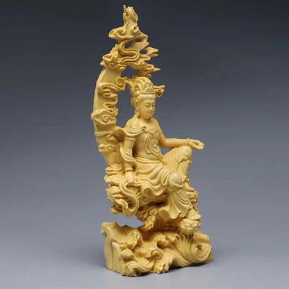 7inch Boxwood Ornaments Mercy Guanyin Buddha Statue Chinese Home Decor Wall Sculpture Car Accessories Solid Wood Kuan Yin