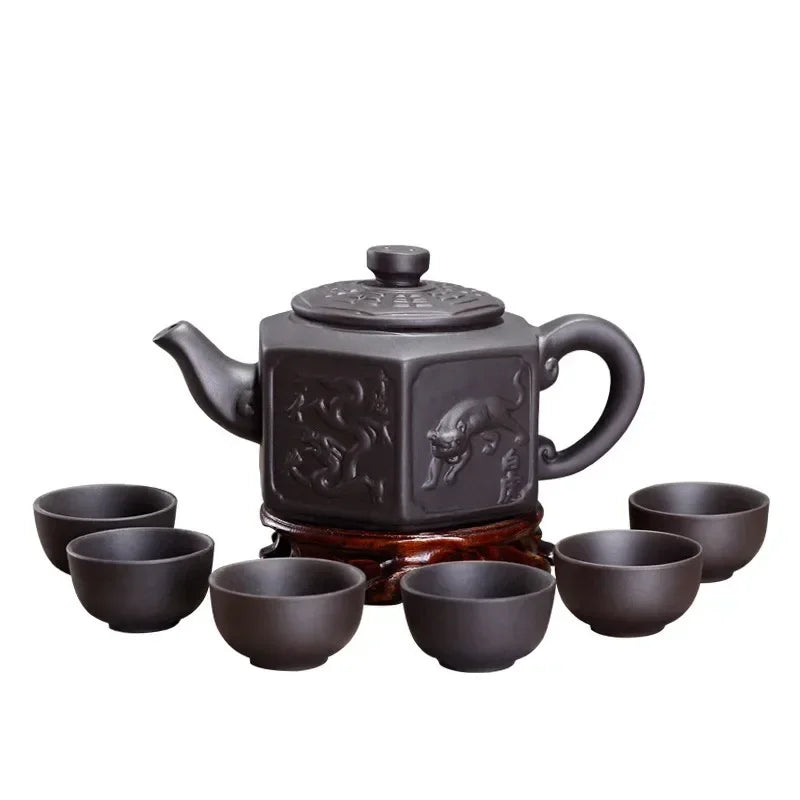 7pcs Kung Fu Tea Set [1 Teapot + 6 Cups Set] 300ml-400ml Chinese Xi Shi Porcelain Tea Sets Ceramic Yixing Purple Clay Kettle
