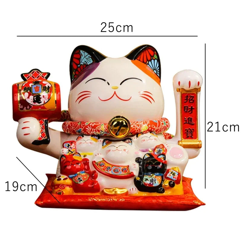 8.2 Inch Ceramic Lucky Cat Ornament Beckoning Cat with Movable Arm Porcelain Figurine Decoration Statue