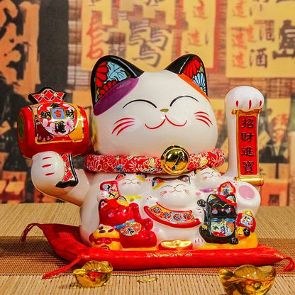 8.2 Inch Ceramic Lucky Cat Ornament Beckoning Cat with Movable Arm Porcelain Figurine Decoration Statue