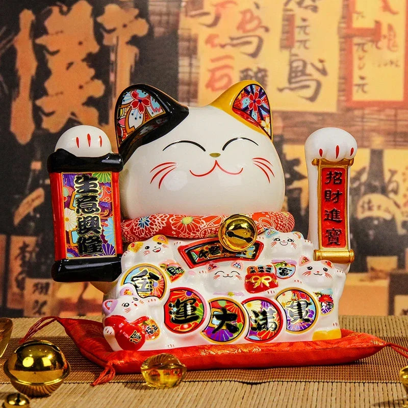 8.2 Inch Ceramic Lucky Cat Ornament Beckoning Cat with Movable Arm Porcelain Figurine Decoration Statue