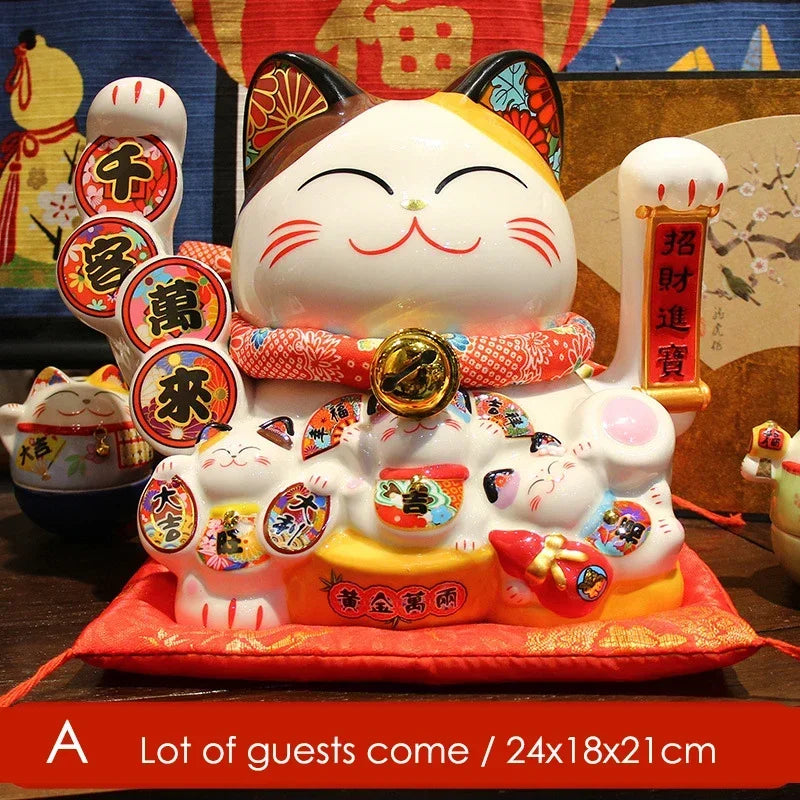 8.2 Inch Ceramic Lucky Cat Ornament Beckoning Cat with Movable Arm Porcelain Figurine Decoration Statue