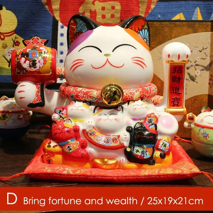 8.2 Inch Ceramic Lucky Cat Ornament Beckoning Cat with Movable Arm Porcelain Figurine Decoration Statue