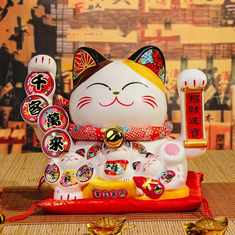 8.2 Inch Ceramic Lucky Cat Ornament Beckoning Cat with Movable Arm Porcelain Figurine Decoration Statue