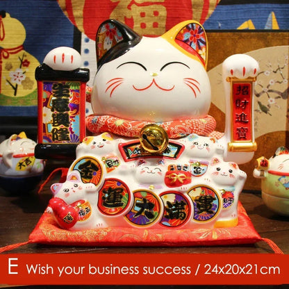 8.2 Inch Ceramic Lucky Cat Ornament Beckoning Cat with Movable Arm Porcelain Figurine Decoration Statue
