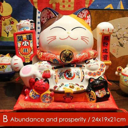8.2 Inch Ceramic Lucky Cat Ornament Beckoning Cat with Movable Arm Porcelain Figurine Decoration Statue